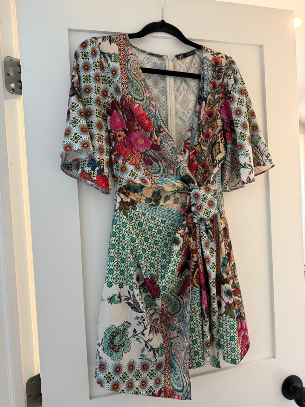 Zara V Neck satin Floral Paisley Wrap Mini Dress in Green and Multi